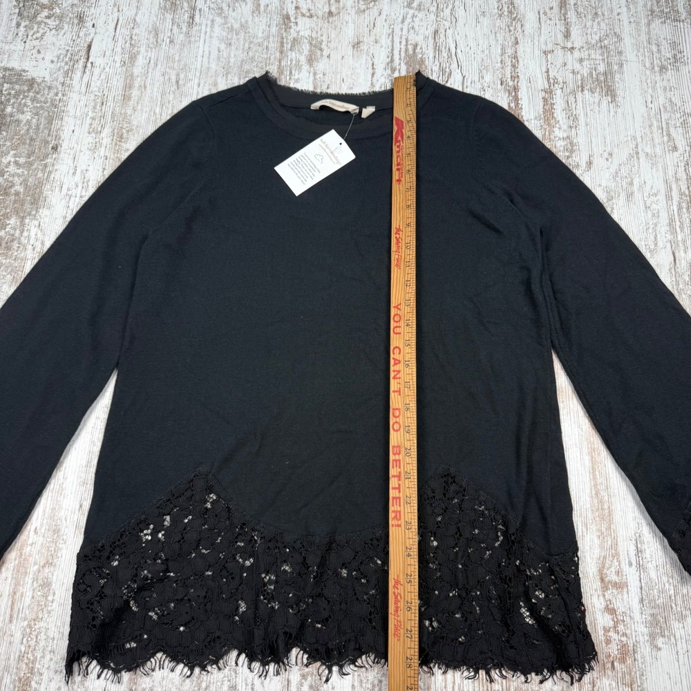 Soft Surroundings Black Knit Pullover Top Lace Trim Hem Cuffs Crew Neck Medium - Picture 3 of 6